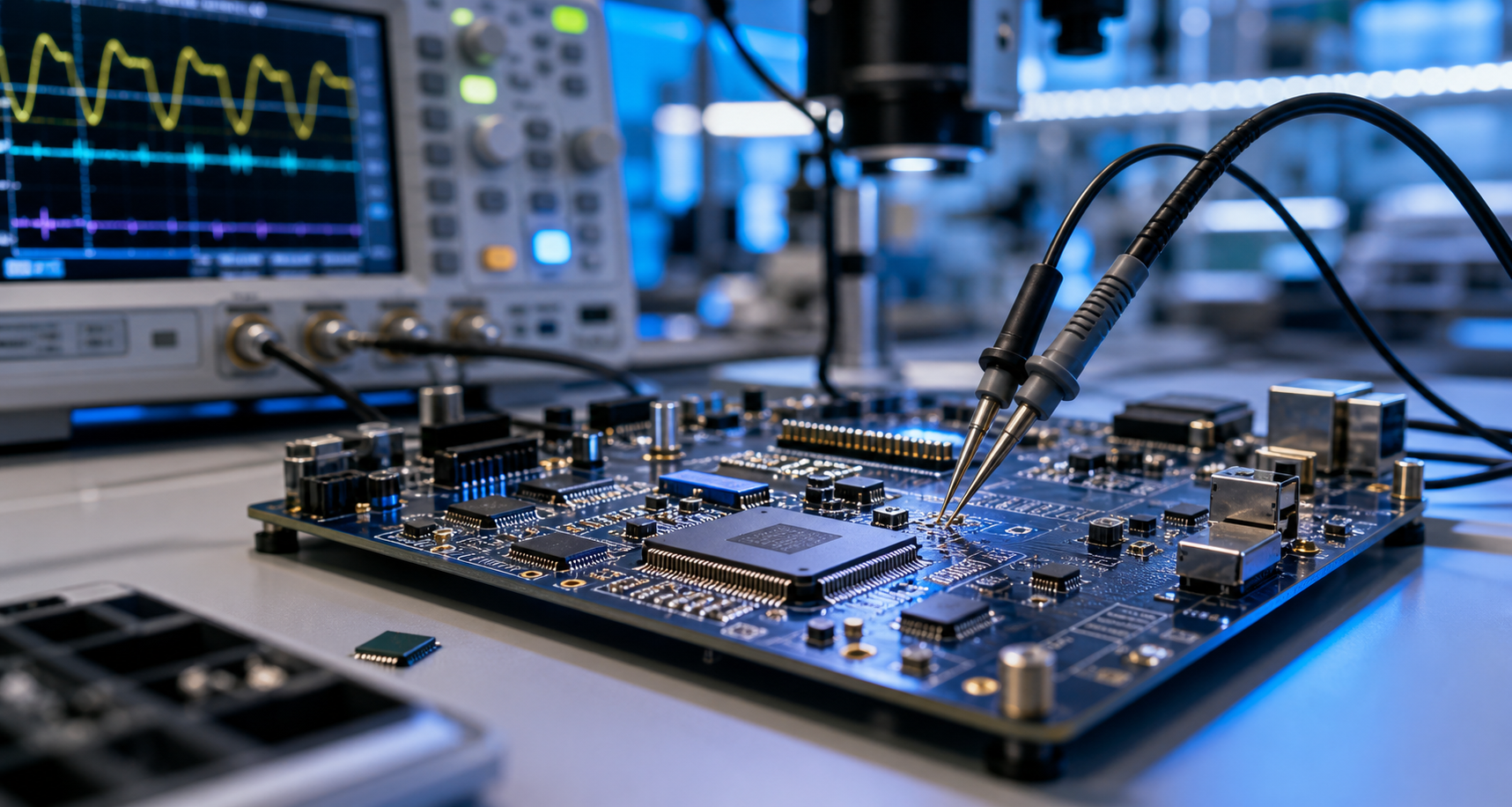 Semiconductor testing bench with chips and probes